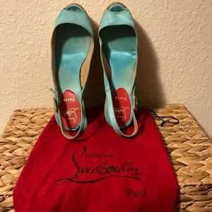 Reposing Christian Louboutin 39 Blue Satin Platform Espadrille Wedge High Heels.
